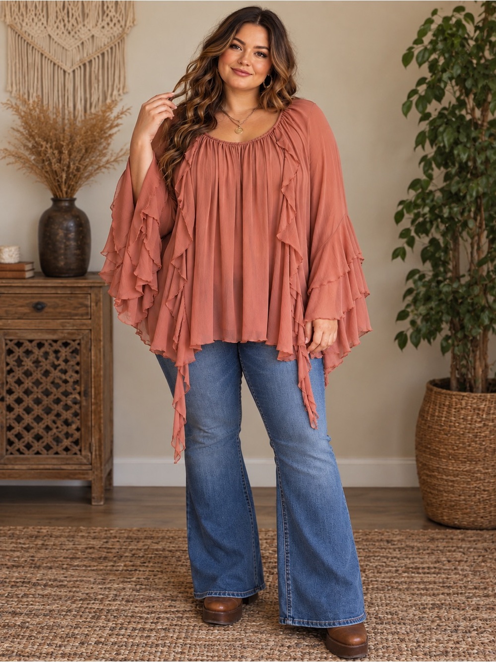Torrid 3X Dusty Coral Chiffon Ruffle Bell Sleeve Boho Top NWT